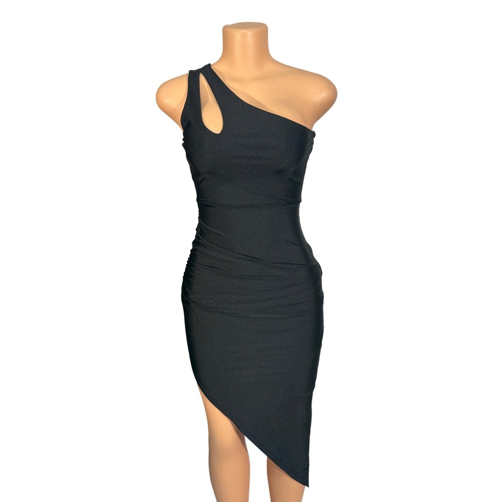 Jump Apparel Black One‎ Shoulder Ruched Asymmetrical Hem Bodycon Dress Size 0